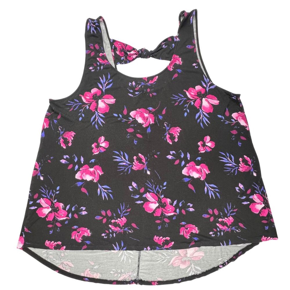 Tunic 3X Black Romantic Pink Floral Design High Low Boho Tie Cut Out Back Blouse